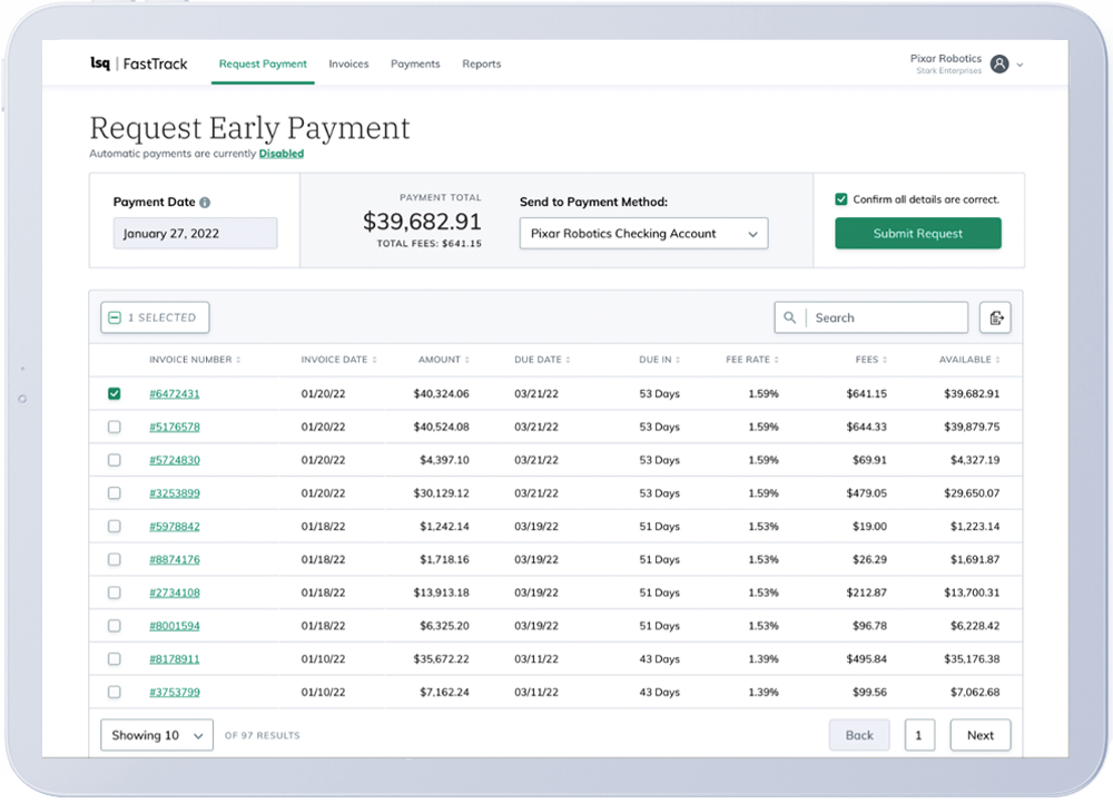 Expand supplier access to working capital with early payments and our easy-to-use platform – dashboard screenshot.